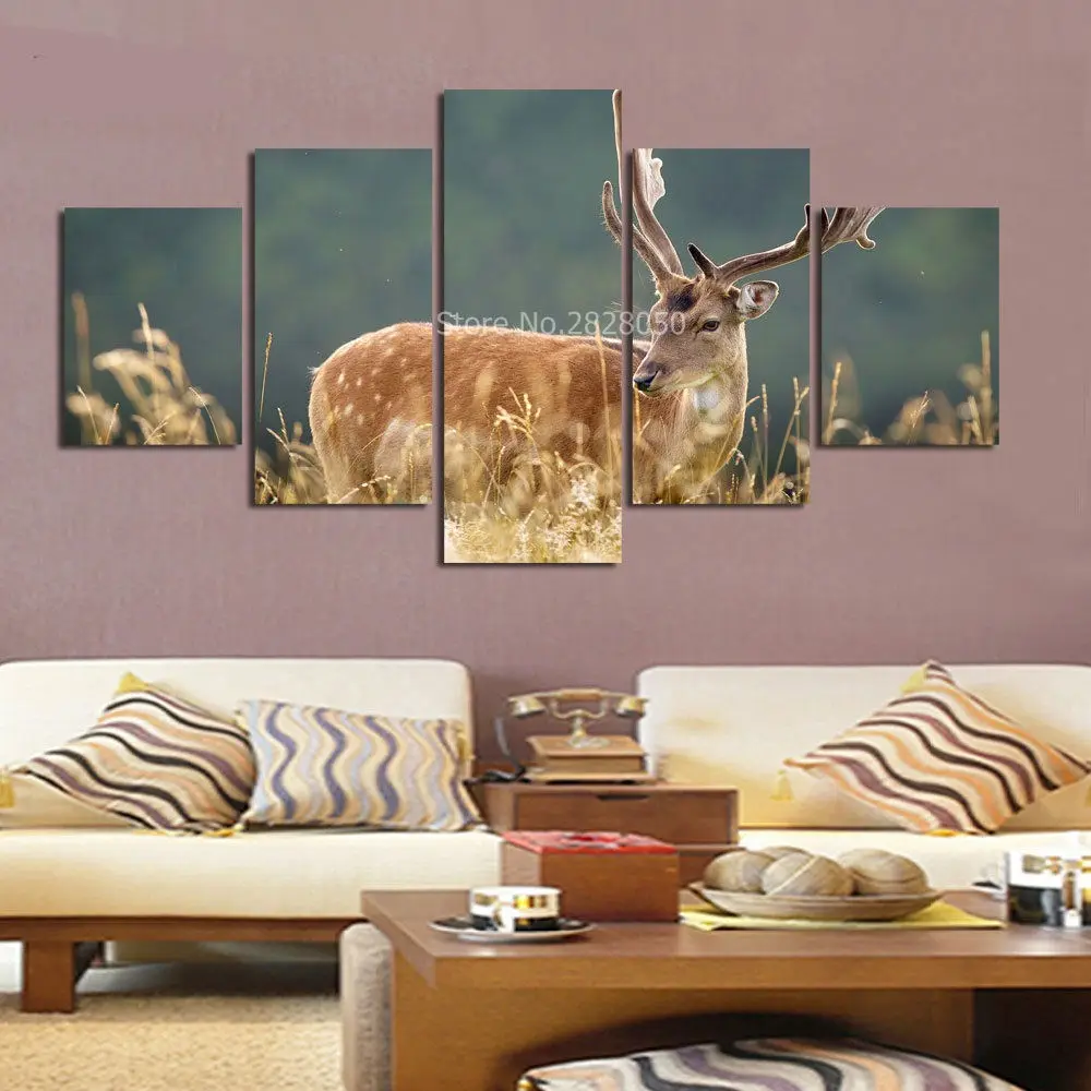 Синий попугай олень животное холст искусство 5 панелей картина в рамке гостиная