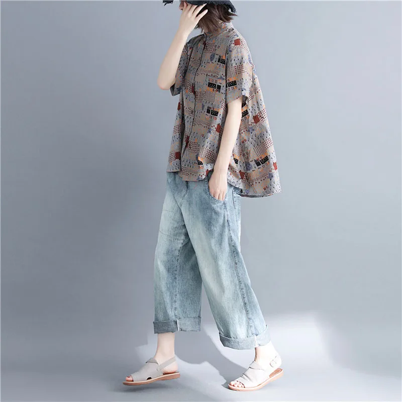 Рубашка женская с воротником стойкой Свободный Топ мультяшным принтом