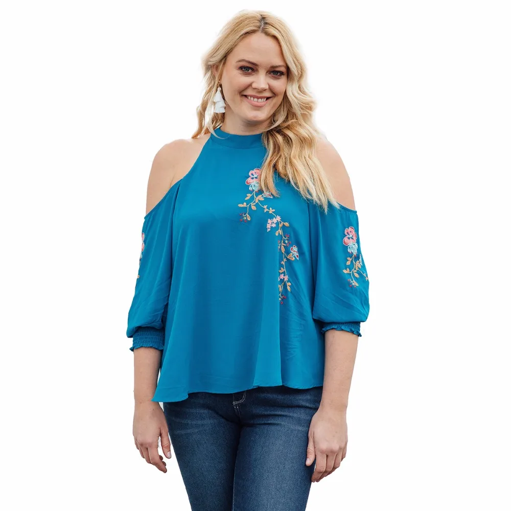 Chiffon Women Blouse Off Shoulder Half Sleeve Flower Embroidery Summer Shirts Casual Ladies Blusas Top TO0323 |