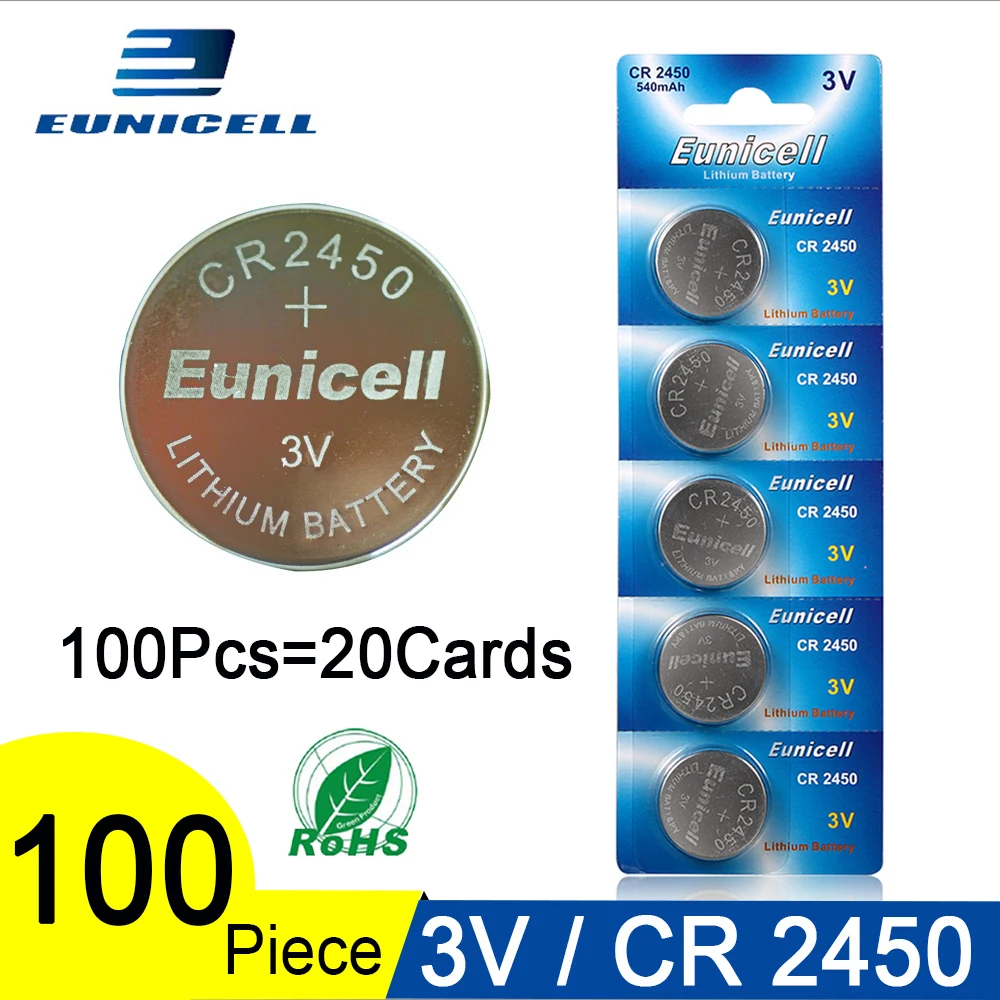 

100pcs/lot Eunicell 350mAh CR2450 CR 2450 ECR2450 KCR2450 5029LC LM2450 Button Cell Coin Battery 3V Lithium Watch Batteries