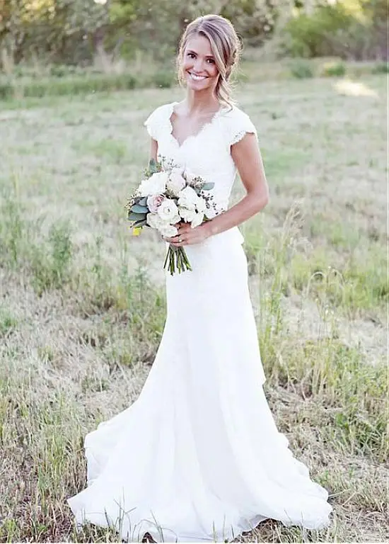 

Beach Vestido De Noiva Muslim Wedding Dresses Mermaid V-neck Cap Sleeves Lace Boho Dubai Arabic Wedding Gown Bridal