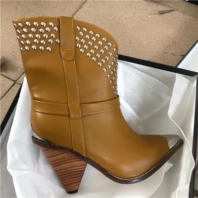 as shown in picture Mcacchi/модные ботинки в байкерском стиле; ботинки на резиновой подошве с каблуком-столбиком; женская обувь из натуральной кожи без шнуровки с заклепками и кисточками - Цвет: as shown in picture