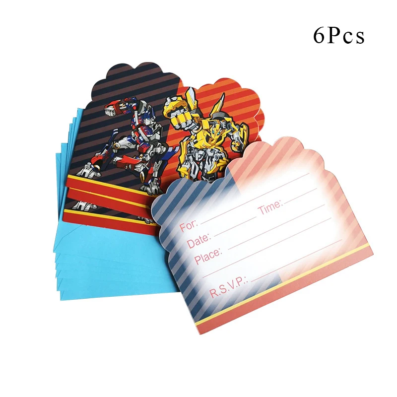 Invitation card x 6 Transformation Bumblebee Optimus Prime Theme Party Decorations Paper Cup Plate Baby Shower Balloons Kids Birthday Party Supplies - Цвет: Invitation card x 6