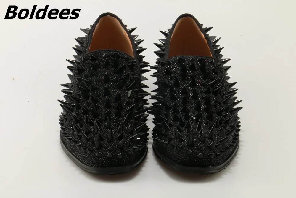 Boldees Runway Fashion Rivets Loafers Top Quality Men Shoes Blue Sequin Spikes Casual Dress Flats | Обувь