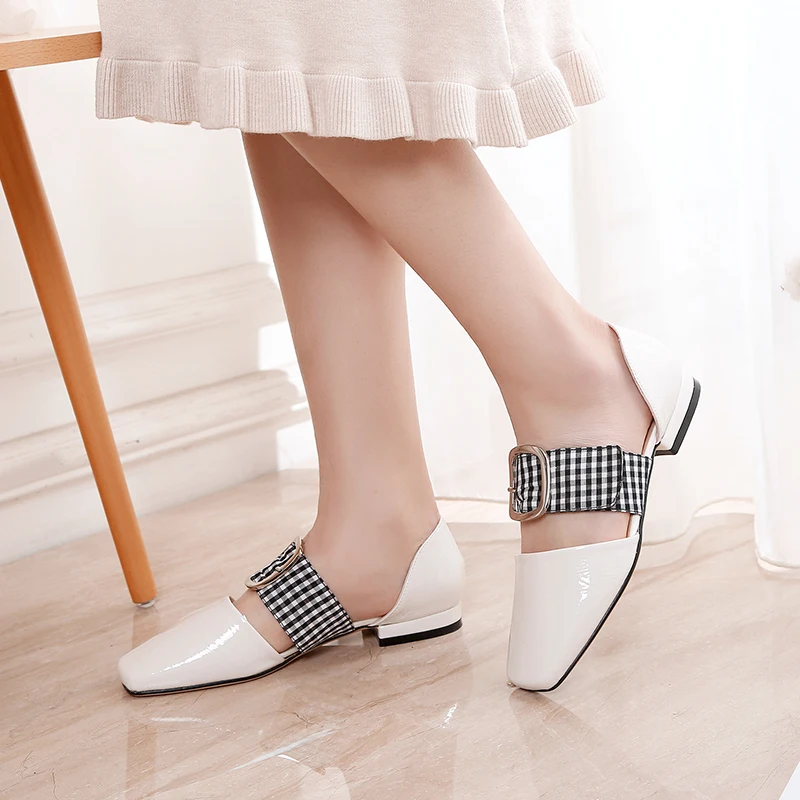 

WETKISS Patent Pu Sandals Women Square Toe Footwear Plaid Buckle Shoes Female Casual Thick Low Heels Shoes Woman Summer 2019 New
