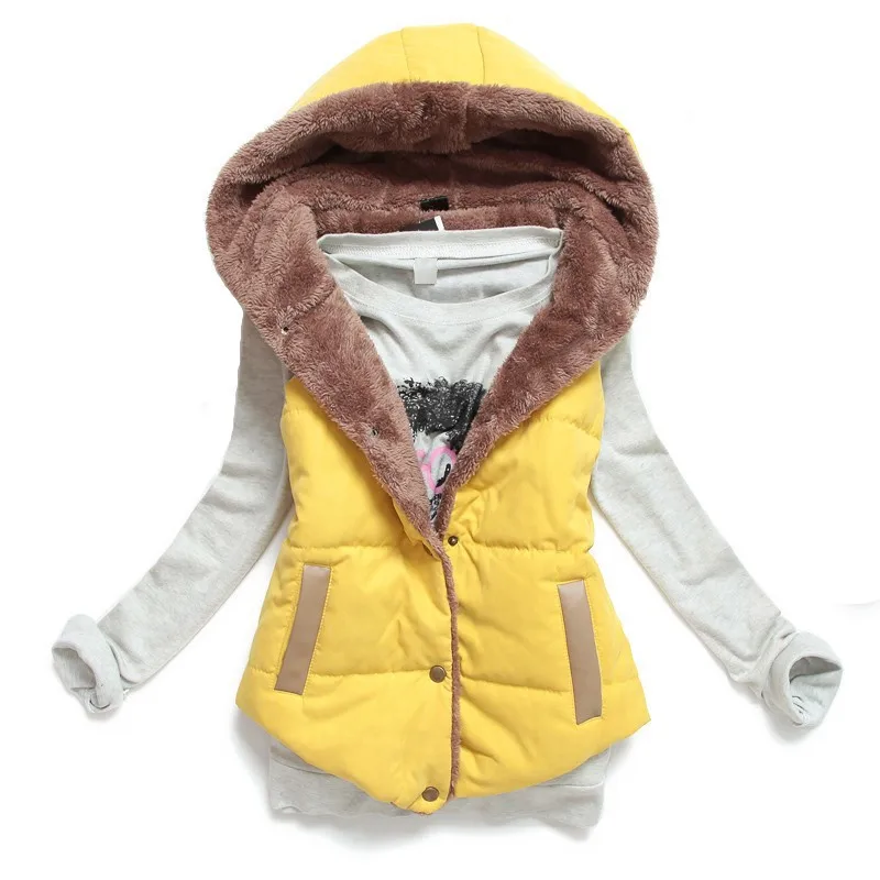 lady autumn winter sleeveless vest with cap cotton and cashmere blended warm khaki orange thick tops fashion casual outwear | Женская