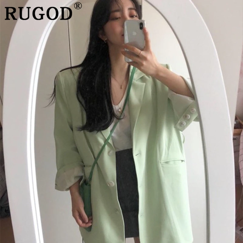 Женский однобортный пиджак RUGOD ins зеленый в Корейском стиле для офиса свободный |