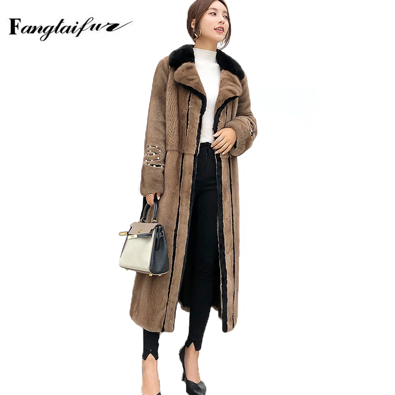 

Fang Tai Fur Women Import Velvet Mink Fur Coat Turn-Down Collar Sashes Beading Mink Coats Women's X-Long Real Mink Fur Coats