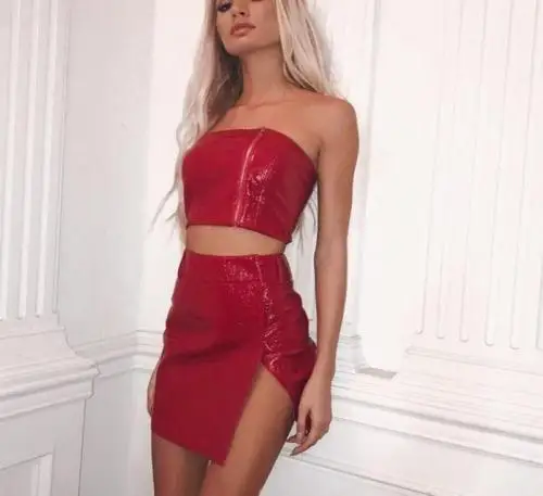 2018 Для женщин 2 шт. Bodycon двух частей Crop Top And Skirt Set Узелок Красный на молнии