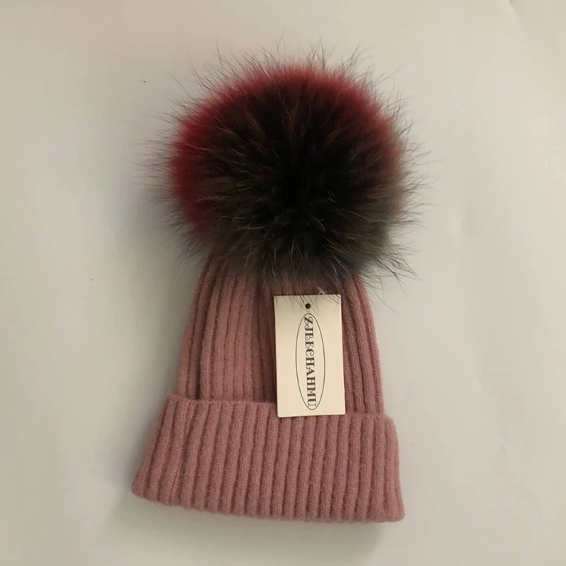 Women Pink Повседневные помпоны из натурального Лисьего меха и норки, 15 см, Skullies Beanies, шапки для женщин и девушек, зимние шерстяные теплые шапки Skullies Beanies, шапки, Новые шапки - Color: Women Pink