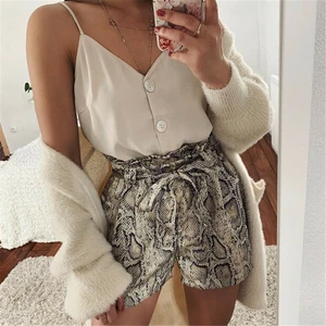 Шорты женские с принтом змеиной кожи, повседневные модные короткие штаны с завышенной талией, с поясом, уличная одежда, на лето