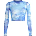 Летняя модная новая футболка с принтом голубого неба и белого облака, сексуальная тонкая женская прозрачная сетчатая рубашка с цифровым принтом для женщин