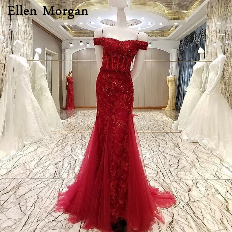 Бордовое платье с тесьмой Русалка Вечерние платья 2019 открытыми плечами длинные