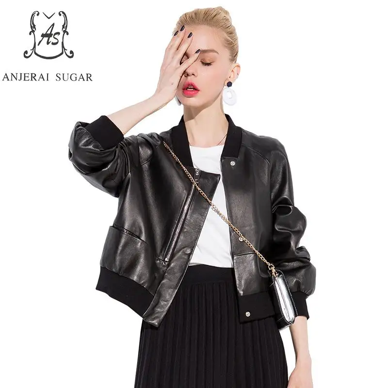Autumn women Sheepskin Genuine Leather jacket Black motorcycle Casual short pocket real leather Baseball jaqueta couro feminina | Женская