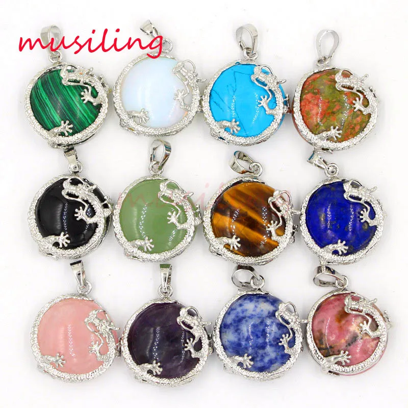

Various Natural Stone Flat Dragon Pendants Pendulum Silver Plated Reiki Charms European Fashion Jewelry 12X Mix Order