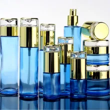 10 шт. Элегантный Голубой Стеклянный насос для лосьона/спрей бутылка с золотой акриловой крышкой, Высококачественная баночка с кремом для лица, инструмент для самостоятельного макияжа