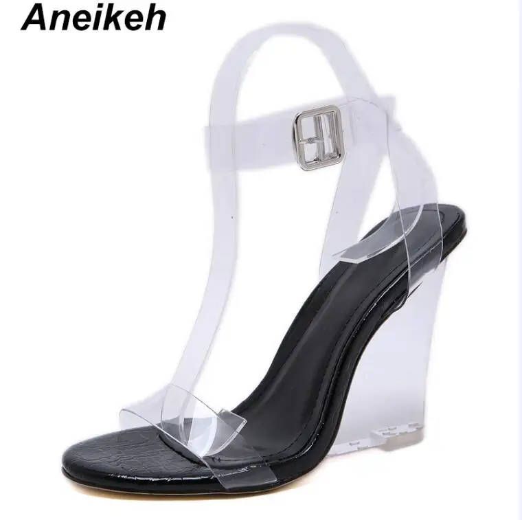 Black Aneikeh/модные босоножки на высоком каблуке с ремешком на лодыжке из ПВХ; женские Босоножки с открытым носком; Летняя обувь; туфли-лодочки; Размеры 35-40 - Цвет: Black