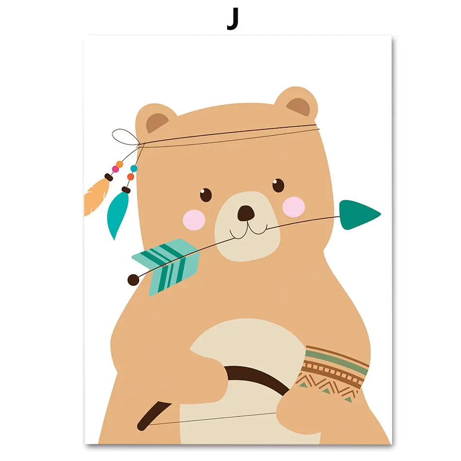 Енот лося Лев лиса кошка Большой Wall Art Холст Картина Nordic Плакаты и принты Животные репродукции настенные панно дети декор комнаты - Цвет: J