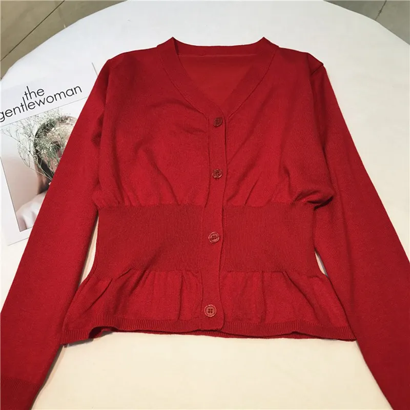JOYDU Korean Fashion Cardigan Sweater Female 2019 New Elegant Lady V-neck High Waist Ruffles Knitted Top Sweaters for Women |