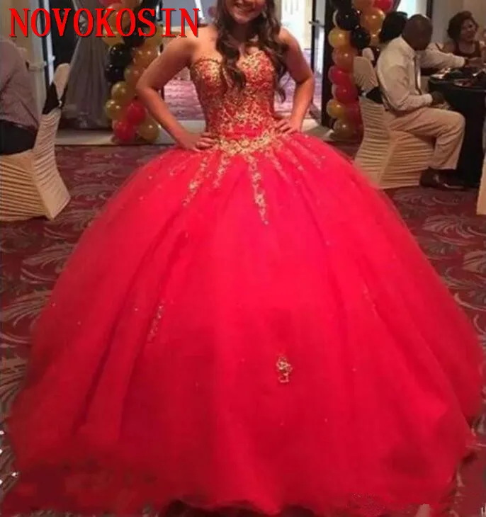 Милое красное платье для девушек 16 дюймов Quinceanera с золотой аппликацией и бисером