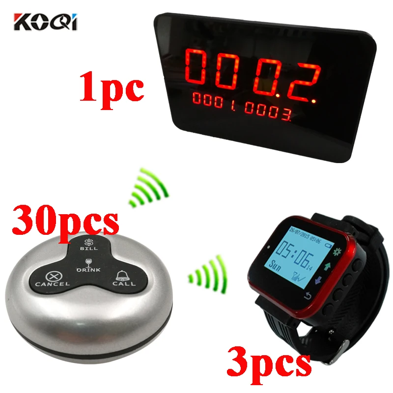 

3pcs Hot Sale Waiter Service Calling System Watch + 1pc LED Indicator Pager Service System + 30pcs Wireless Transmitter