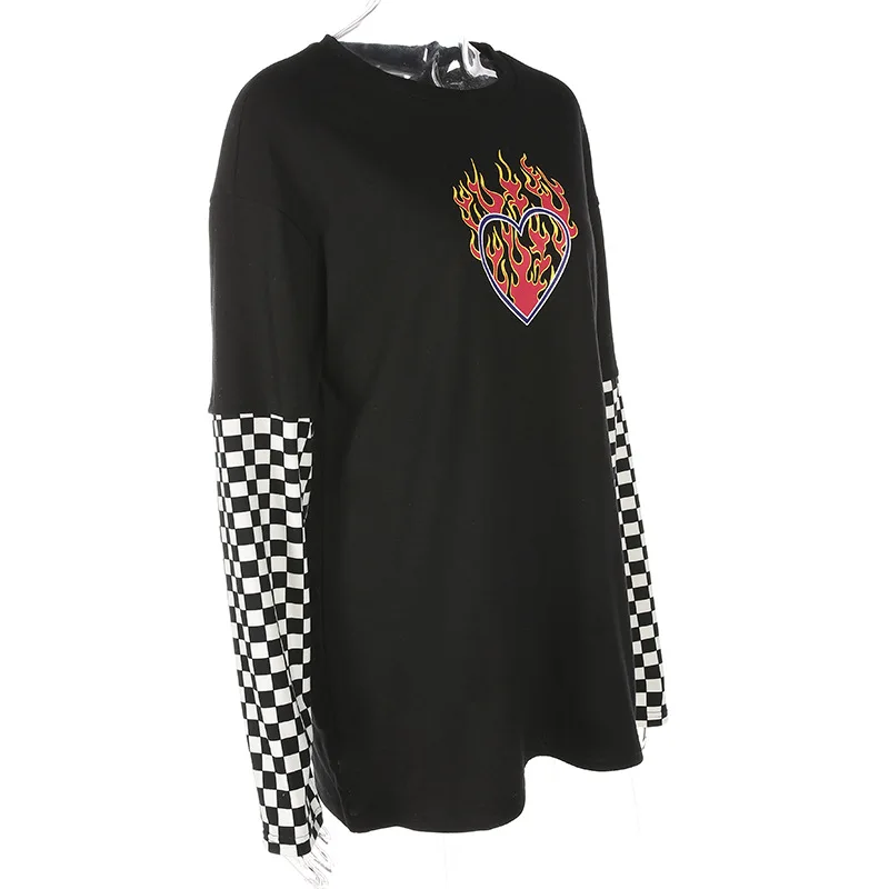 NEW Spring Autumn Plaid Patchwork Long Sleeve Flaming Heart Print Sweatshirt Hoodie Women Black Checkboard Pullover Hoodies | Женская