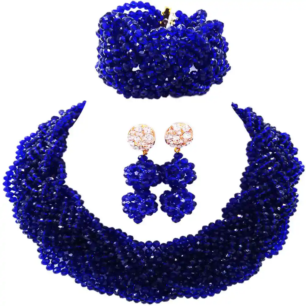 

Fashion Royal Blue African Beads Jewelry Set Nigerian Necklace Braccelet Earrings Bridal Party Jewelry Sets for Women 12BZ06