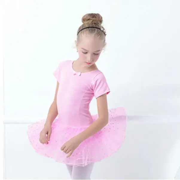 Pink Short Sleeve Профессиональное балетное платье-пачка для девочек; Детские гимнастические трико с фатиновой юбкой; розовые танцевальные балетные костюмы с юбкой-пачкой в горошек - Цвет: Pink Short Sleeve