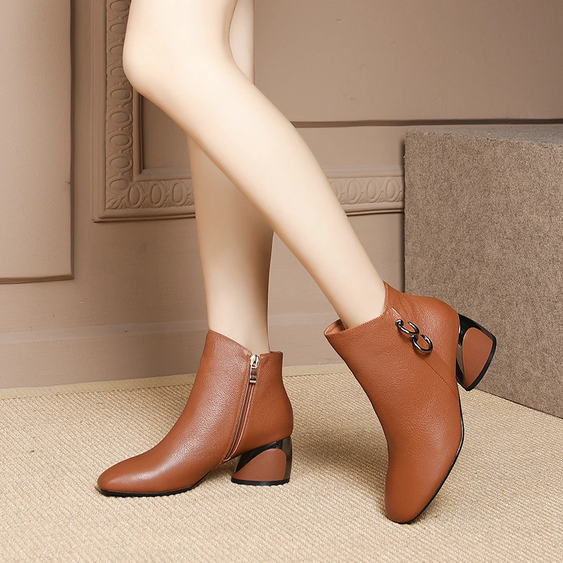 

WETKISS Round High Heels Women Boots Square Toe Footwear Zip Office Female Ankle Boot Genuine Leather Shoes Woman 2019 Spring