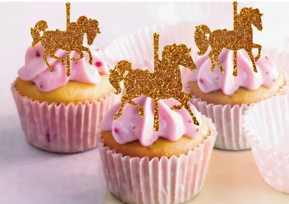 

Glitter girl boy BirthdayCarousel Horses Cupcake Toppers baby shower baptism wedding toothpicks