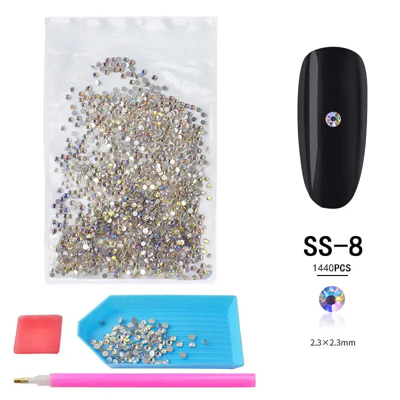 SS8-1440PCS 1 набор, смешанные размеры(SS3-SS20), Звездные Стразы для дизайна ногтей, украшения, блестящие 3D драгоценные камни и точечные инструменты, маникюрные аксессуары, набор - Цвет: SS8-1440PCS