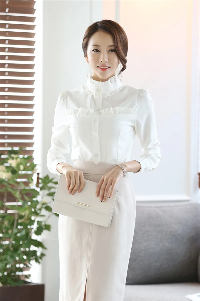 Новая весенняя блузка женские белые рубашки с воротником-стойкой и длинным