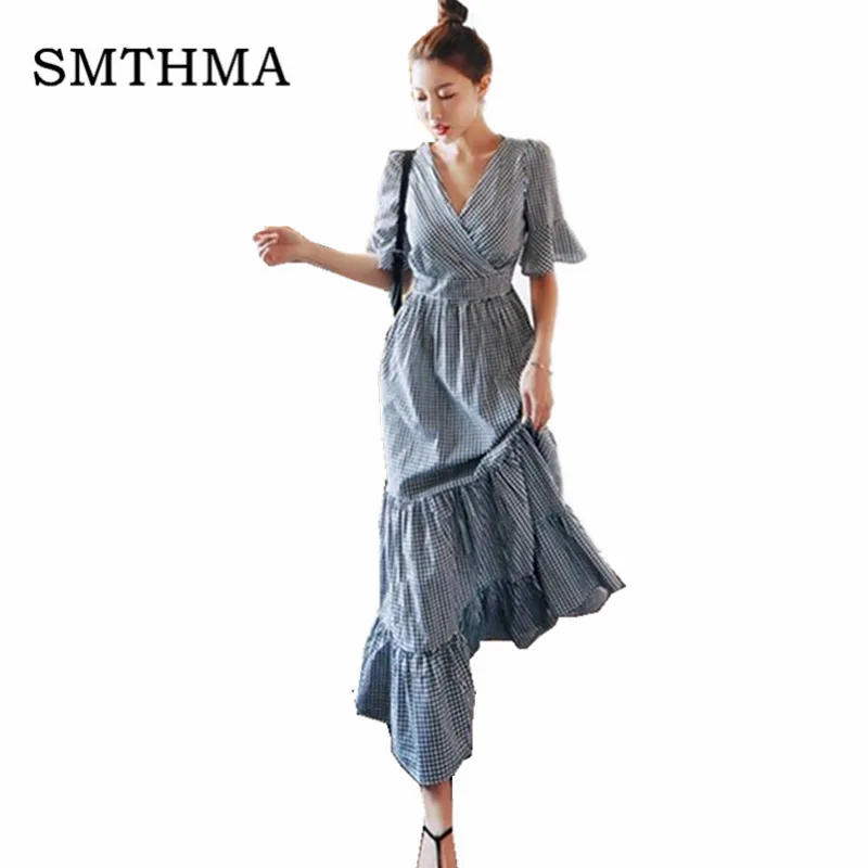 SMTHMA, высокое качество, весеннее женское платье с расклешенными рукавами, сексуальное черное клетчатое длинное платье макси с v-образным вырезом - Цвет: picture color