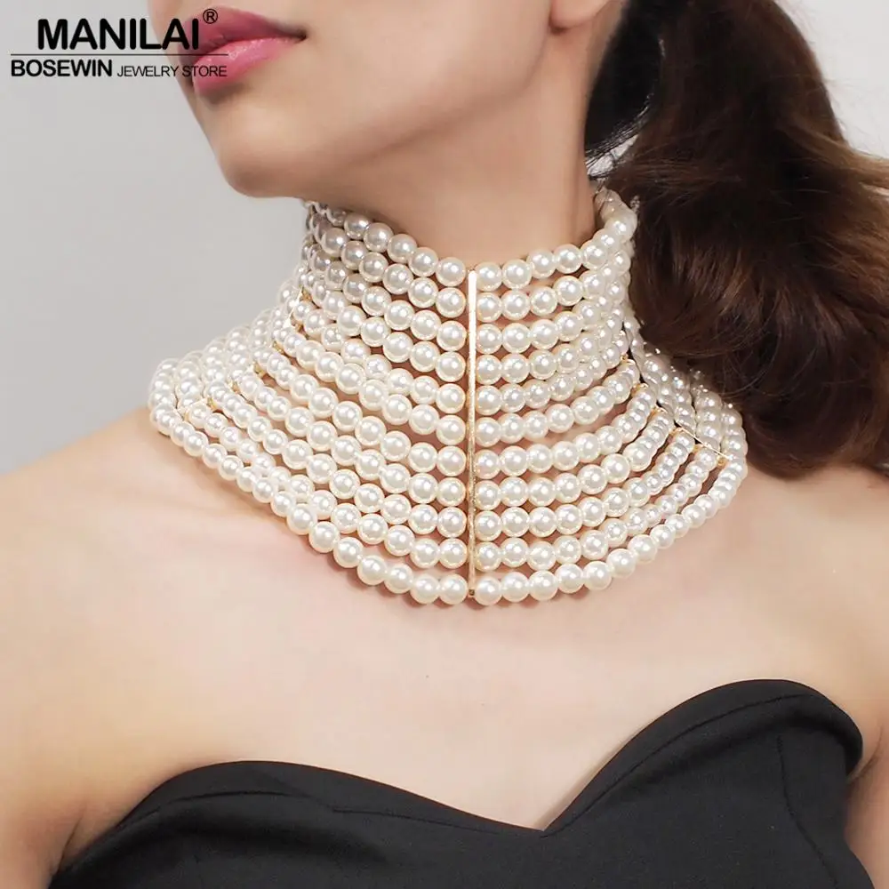 

MANILAI Brand Imitation Pearl Statement Necklaces For Women Collar Beads Choker Necklace Wedding Dress Beaded Jewelry 2022