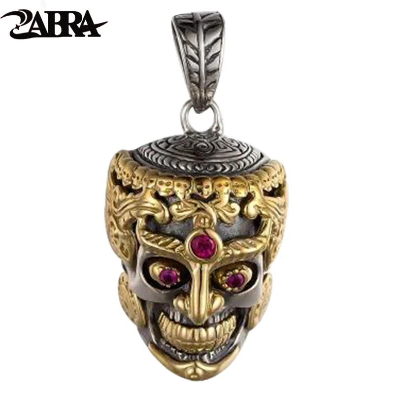 

ZABRA 925 Sterling Silver Punk Rock Skull Head Inlay Stone Red Garnet Pendant Necklace for Men Thai Handmade Vintage Man Jewelry