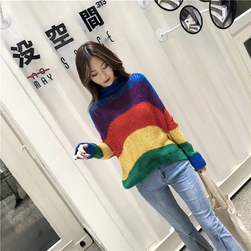 Danjeaner Womens Sweaters 2018 Winter Fashion Rainbow Striped Turtleneck Pullovers Knitted Jumpers Streetwear Oversized | Женская одежда