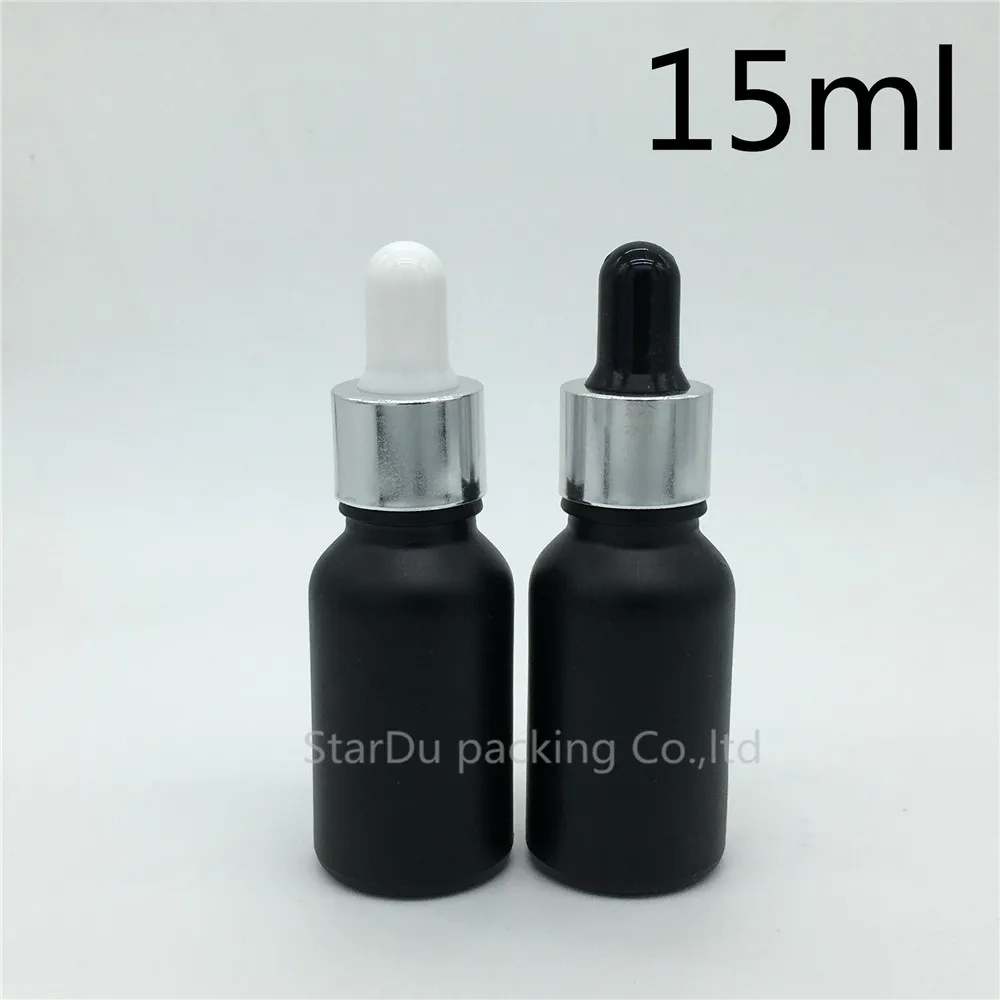 

Free shipping 200pcs/lot 15ml black frosted glass essential oil bottle with shiny silver ring dropper glass perfume bottle