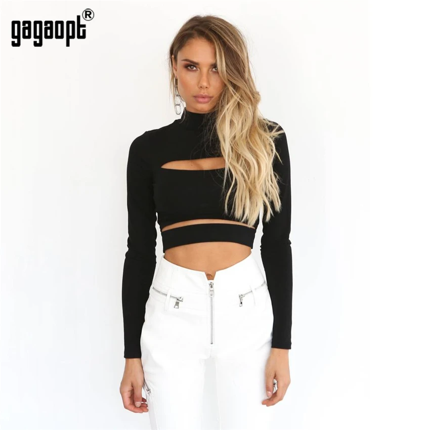Gagaopt Высокая уличная Водолазка с длинным рукавом Футболка Осенняя женская