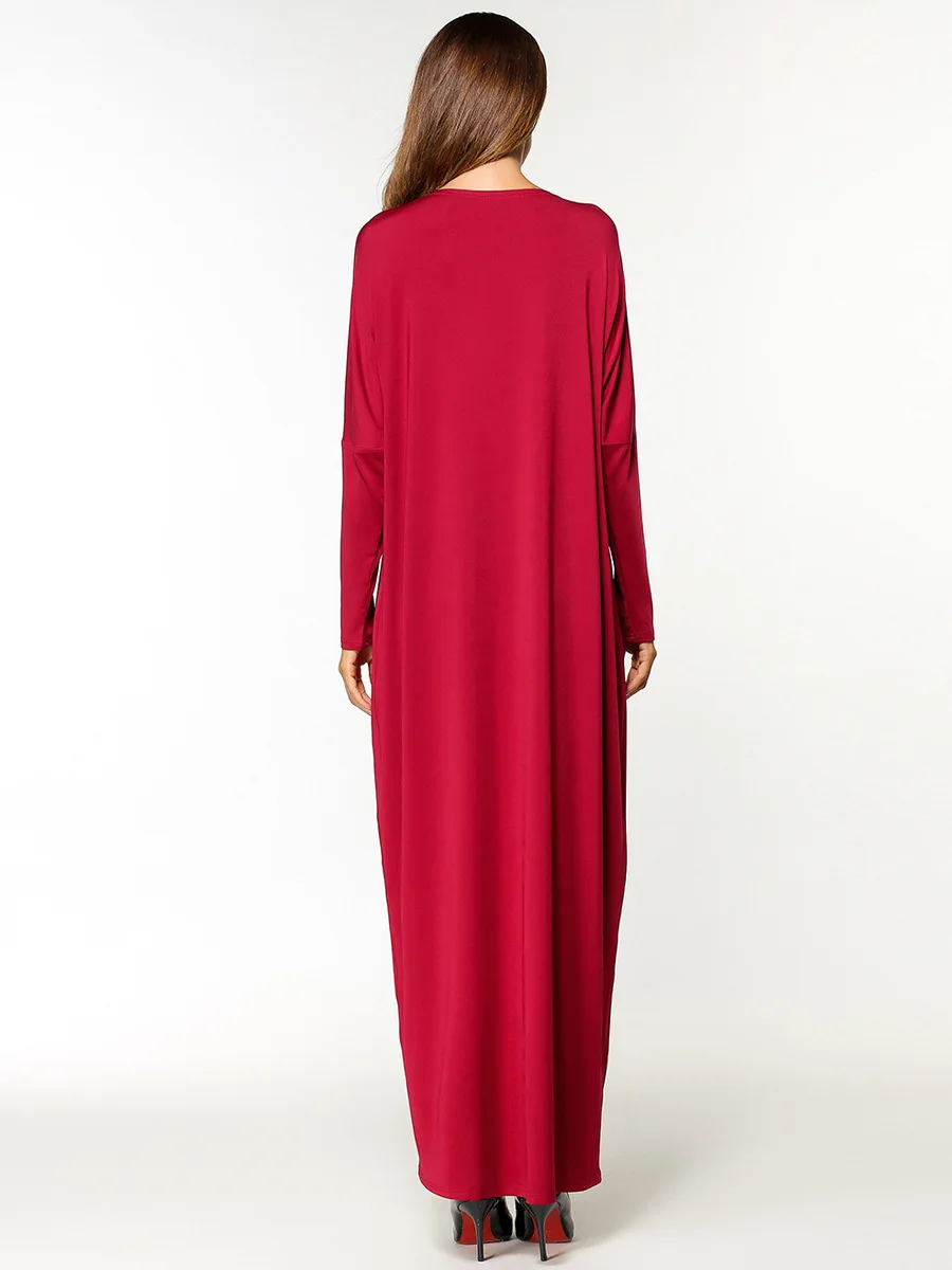 Muslim Abaya Red Cotton Embroidery Maxi Long Dress Dolman Sleeved Patchwork Kimono Jubah Robe Arab Islamic Clothing Full Length |