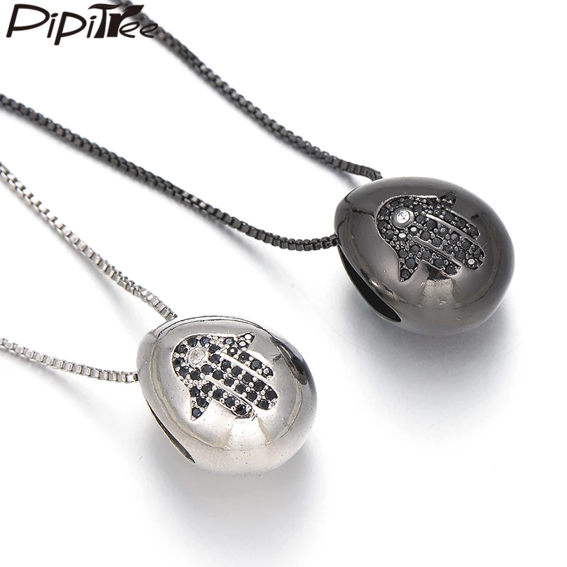 Pipitree Black CZ Zircon Hamsa Hand Pendant Necklace Women Men's Fashion Egg Water Drop Shape Statement Necklaces Jewelry Collar |