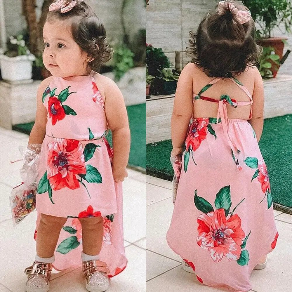 Sleeveless Flower Print Straps Hi Low Princess Dress For Toddler Girls | Детская одежда и обувь