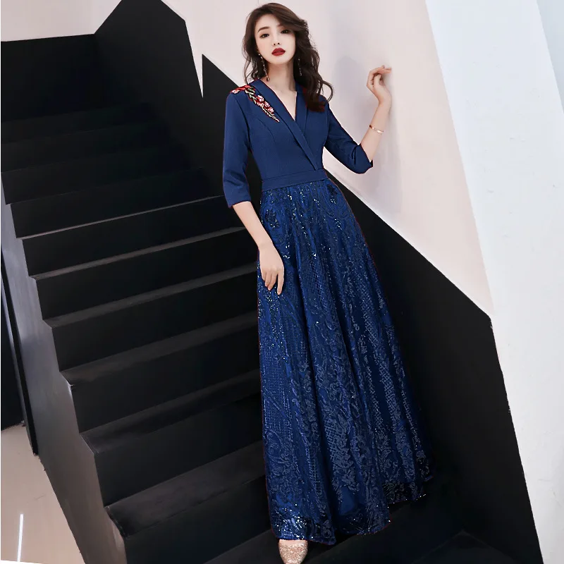 navy blue Бургундское китайское Восточное Длинное Свадебное женское сексуальное вечернее платье Cheongsam Элегантные платья принцессы современные Qipao - Цвет: navy blue
