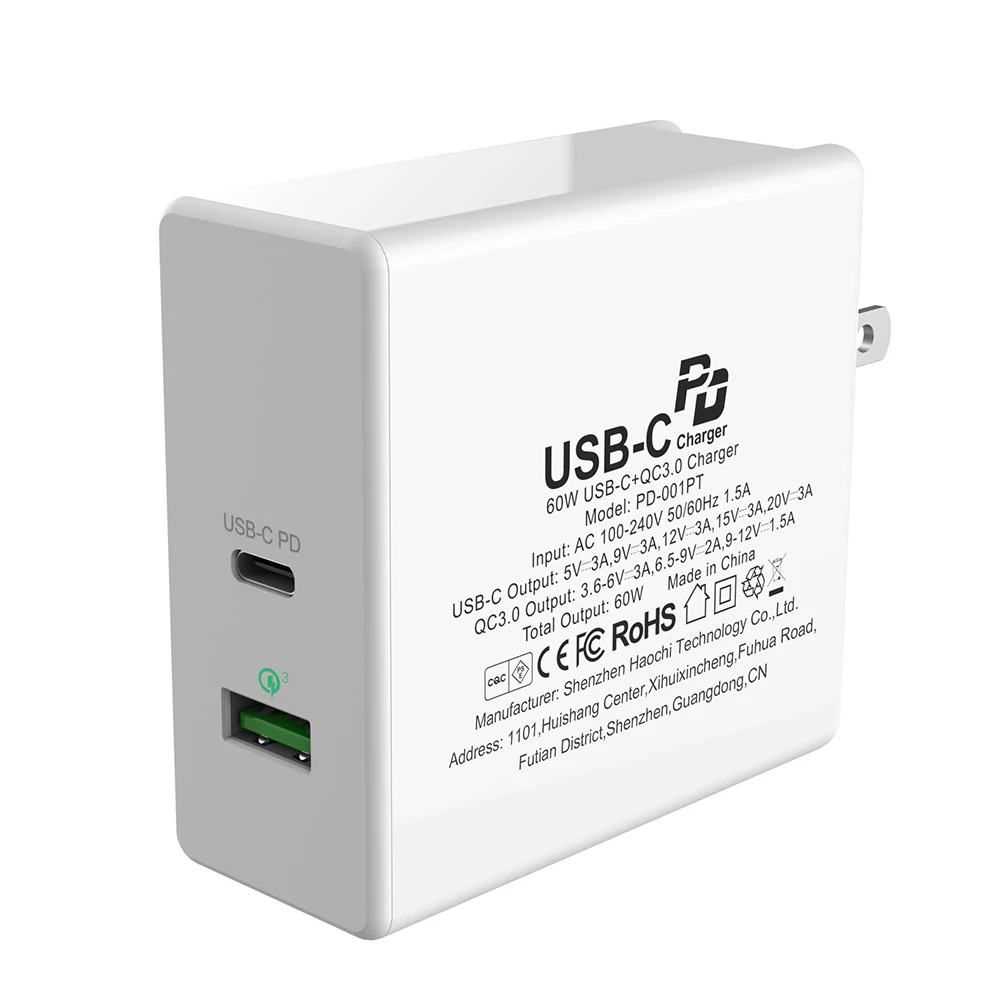 Адаптер типа C PD 60 Вт Быстрое Зарядное устройство USB EU US UK для мобильных телефонов