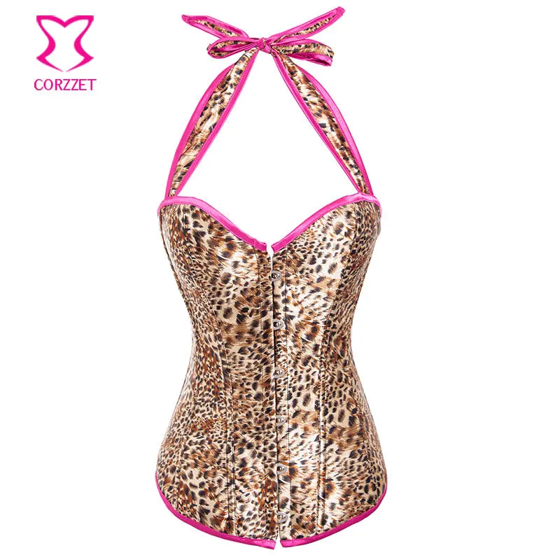 

Brown Leopard Satin Halter Espartilhos Corset Corselet Ovebust Bustier Sexy Burlesque Korsett For Women Corsets and Bustiers