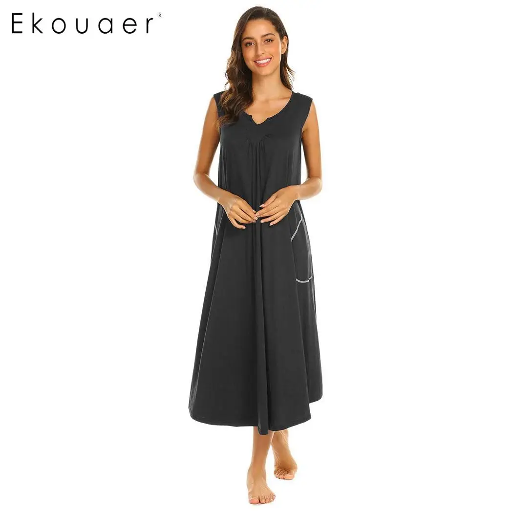 Black Ekouaer, Женское ночное платье, длинная ночная рубашка, повседневная, с рукавом-крылышком, с v-образным вырезом, ночная рубашка, Женское ночное платье - Цвет: Black