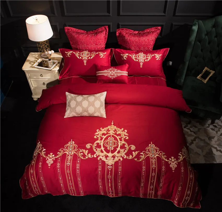 

Egyptian Cotton Embroidery Luxury Red Wedding Duvet cover set Bedding Sets Queen King Bed set Bed sheet set Pillowcase 4/7Pcs 36