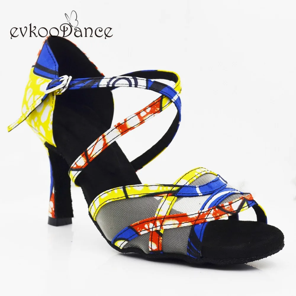 Evkoodance  Heel Height 8.3cm Zapatos De Baile  Size US 4-12 Dance Shoes Yellow Flower African Print Style Dance Shoes  Evk565
