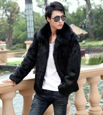 2016 New arrival autumn winter fur coats men black whole skin natural rabbit coat outerwear with hooded free shipping g8165 | Мужская