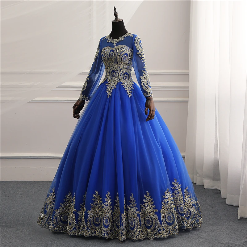 Новинка Vestidos de Noiva, Королевский синий тюль, винтажное свадебное платье с длинными рукавами, Золотая кружевная вышивка, аппликация для невесты, свадебное платье для невесты