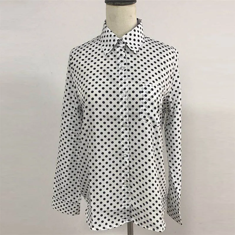 2018 Summer New European and American Women Lapel Shirt Long Sleeves Dot Print Chiffon |